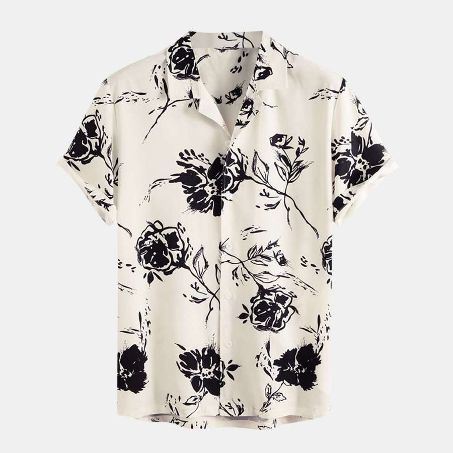 Camisa Branca Masculina Floral Moda Praia de Botão Havaiana