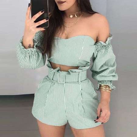 Conjunto Feminino Listrado De Manga Comprida Blusa E Short Moda Verão