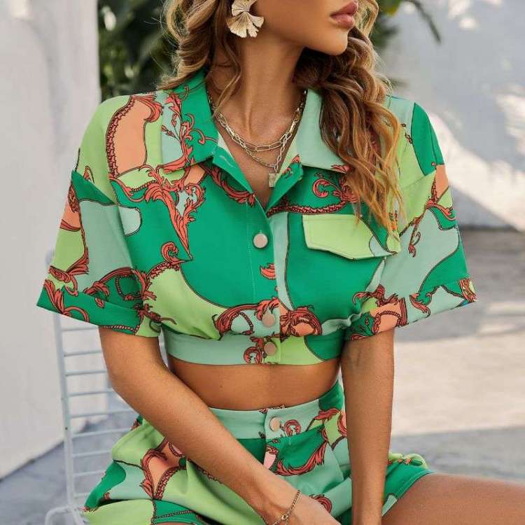 Conjunto Feminino Casual Estampado Moda Verão Blusa e Short Tropical