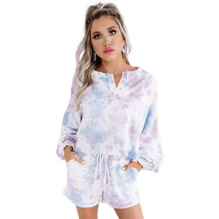 Conjunto Feminino Estampado Casual Tie Dye Blusa E Short Confortável