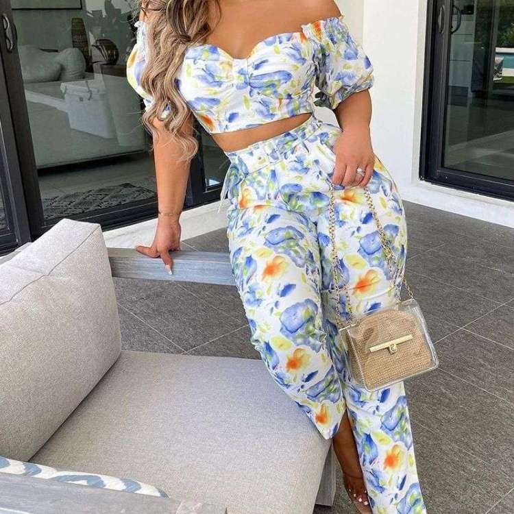 Conjunto Casual Diário de Duas Peças, Tops Sólidos de Manga Longa e Calças  de Perna Larga com Estampa Floral, Roupas Femininas