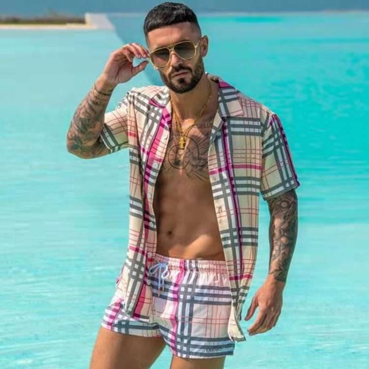 Conjunto De Praia Masculino Estampa Xadrez Camisa e Short